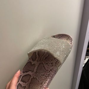 purple and silver snakeskin slides